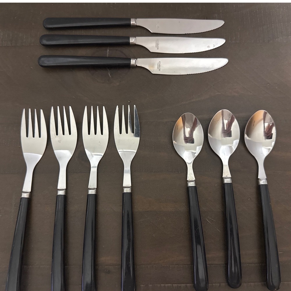 Vintage MCM Black Handle Flatware Set 10pc Stainless Taiwan Forks Knives Spoons